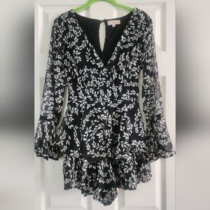 Black And White Leaf Print Romper